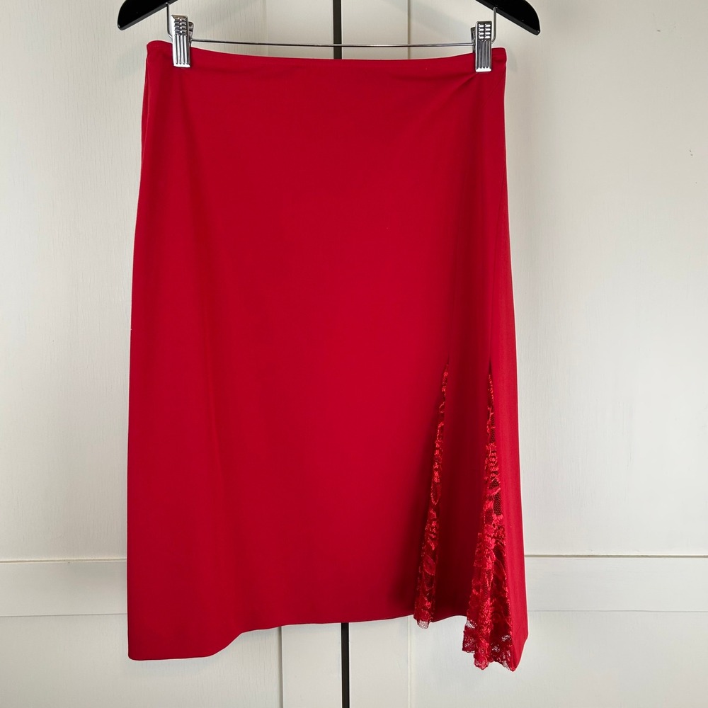 Vintage Red Lace Inset Side Slit Pencil Midi Skirt Women 12 Romantic Western